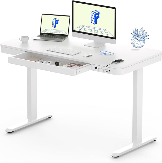 FLEXISPOT EW8 Comhar Electric Standing Desk with Drawers Charging USB A to C Port, Height Adjustable 120 CM Whole-Piece Quick Install Home Office Computer Laptop Table with Storage (White Top + Frame)