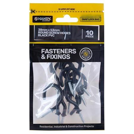 Bag Of Round Screw Hooks Black PVC 38mm x 53mm 10pc