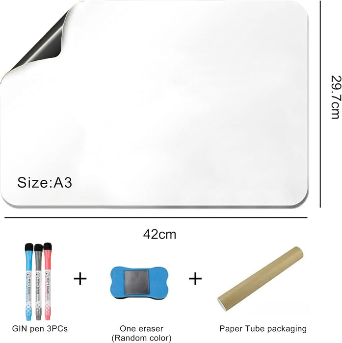 ONEIN Magnetic Dry Erase Whiteboard Sheet, A3 Size (42 x 29.7 cm), Fridge White Board, Includes 3 Markers, Eraser – Perfect for Home, Office, Kitchen, and School Use