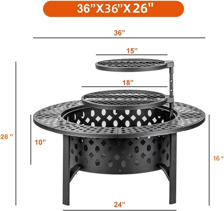 OutVue 91cm Fire Pit with 2 Grills, Wood Burning Fire Pits for Outside with Lid, Poker and Round Waterproof Cover, BBQ& Outdoor Firepit & Round Metal Table 3 in 1 for Patio, Picnic, Party