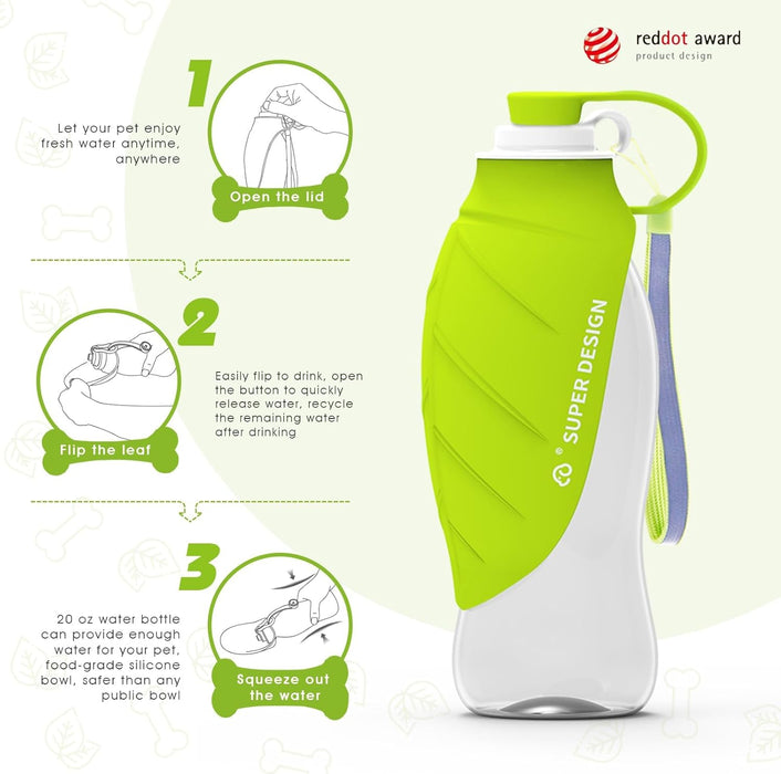 Dog Water Bottle for Walking Portable Dog Travel Bottle, Leak-Proof Travel Water Feeder with Large Flip Silicone Leaf Shape, Ideal for Walking, Hiking, and Outdoor (Green, Standard)