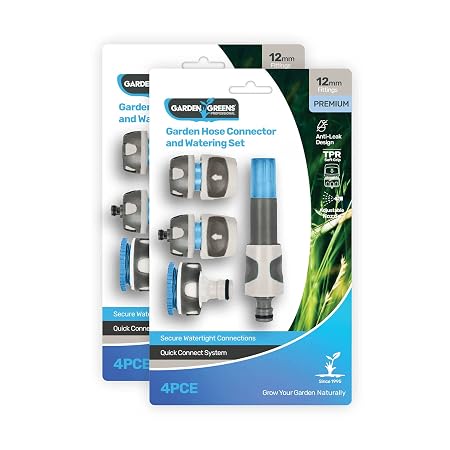 Premium Garden Hose Connector Set 4pc Includes: Adjustable Nozzle, Tap Adaptor & 2 x Connectors