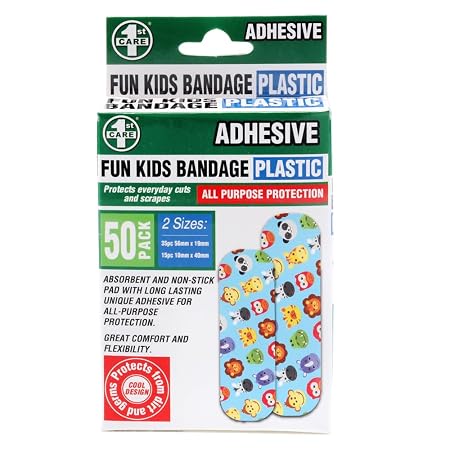 Bandage Strips Kids Animal Print 50pk (2 Assorted Sizes 35pcs - 5.5cm x 1.9cm & 15pcs - 4cm x 1cm) - Plastic