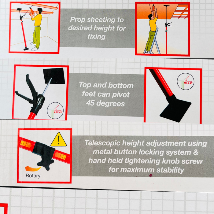 Trademark Adjustable sheet prop extendable 1.25m - 2.9m Sheet Support Prop– Versatile Telescoping Drywall and Paneling Tool