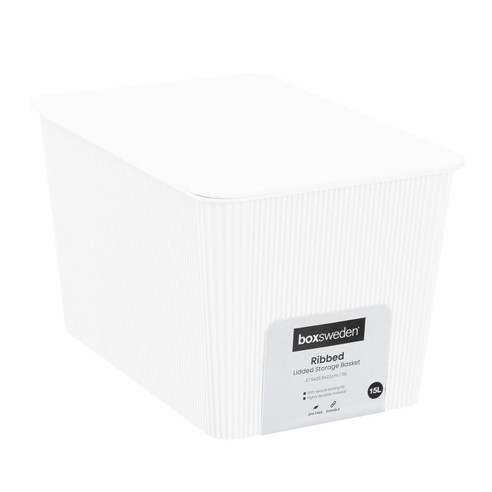 Boxsweden Ribbed Storage Basket Lidded 15L 37.5X25.5X22Cm