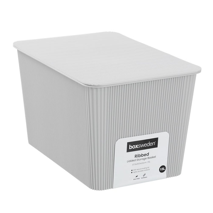 Boxsweden Ribbed Storage Basket Lidded 15L 37.5X25.5X22Cm
