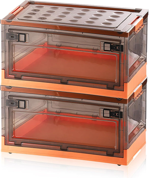 Folding Storage Bins, 28 Liters, 2 Pcs Green Plastic Storage Containers with Wheels, Four Doors, Foldable, Stackable, Plastic Box with Lids for Organization, Storage Cart