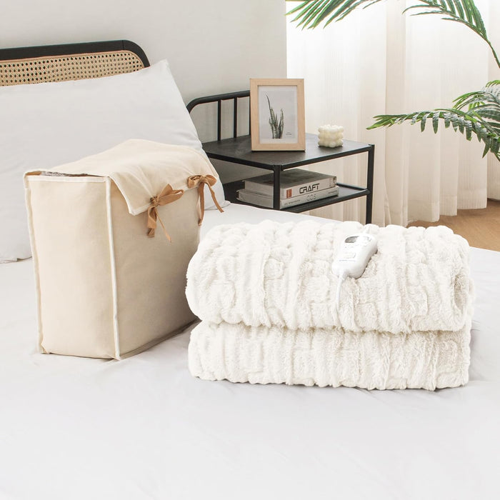 RHEIN HOME Heated Blanket Electric Throw - 150×130cm Electric Blanket with 10 Heating Levels & 10 Hours Auto-Off Overheat Protection, Soft Silky Plush Throw Rug Machine Washable (White)