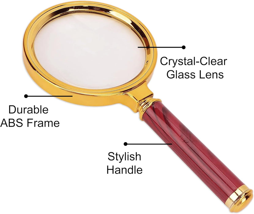 ONEIN Vintage Gold Magnifying Glass – 5X Handheld Magnifier with Clear Optical Lens & Elegant Wooden Handle, Perfect for Reading, Hobbies, Seniors, Inspection, and Insects
