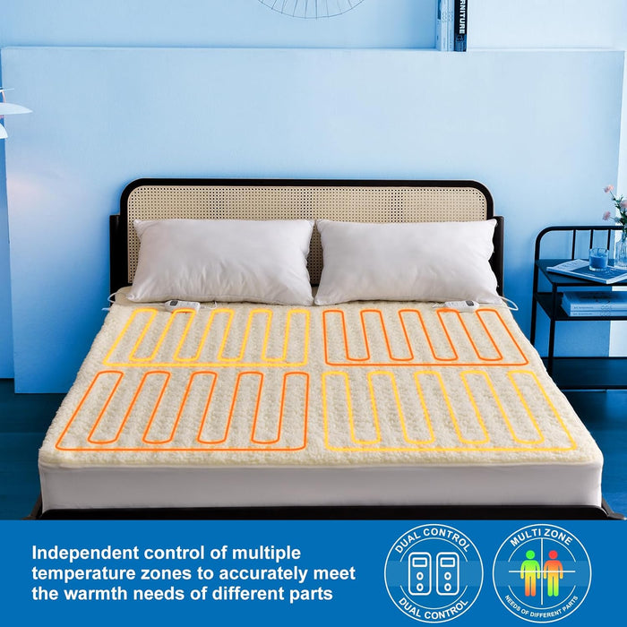 RHEIN HOME Fleece Top Multizone Electric Blanket Queen Size | Dual Control Fitted Heated Underblanket with Timer | Electric Fleece Top Bed Warmer with Gift Bag(203×152cm)
