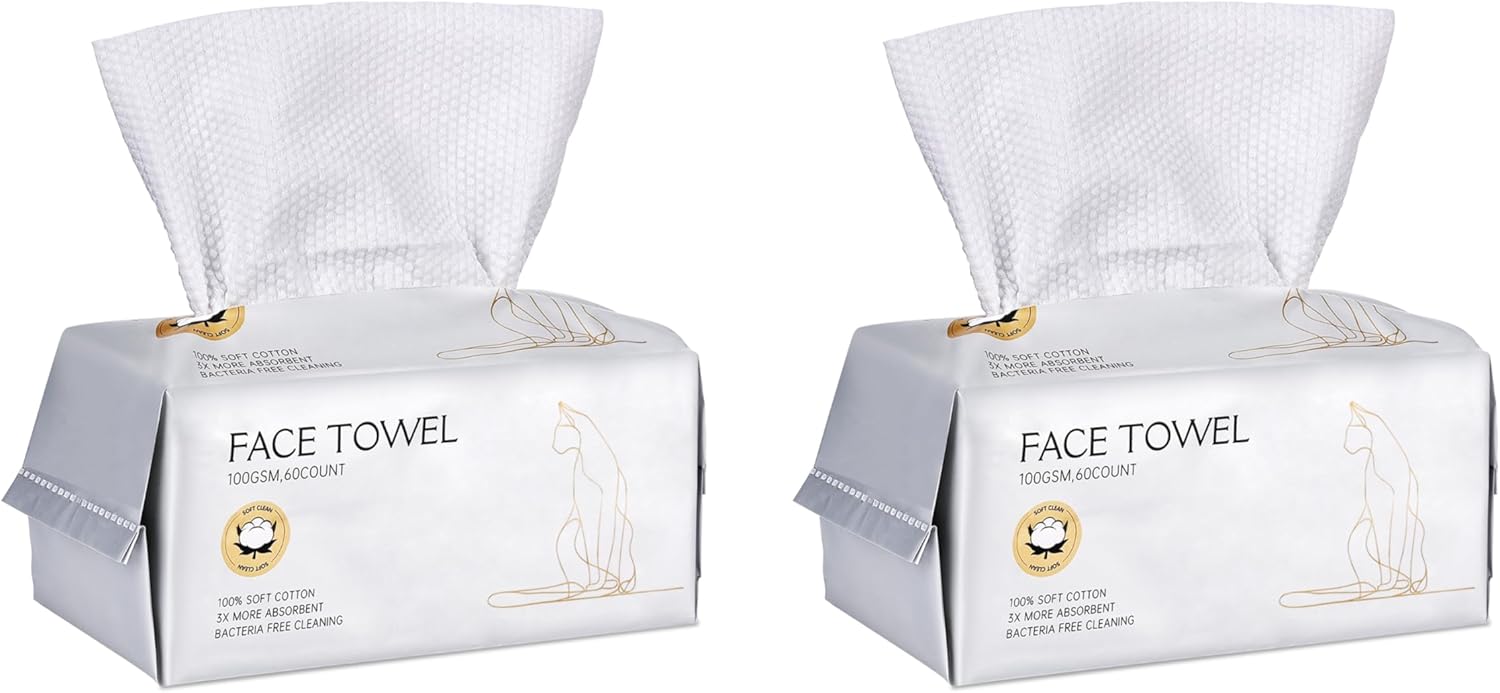 Socrates Premium Disposable Face Towels – 100% Cotton, 100GSM – Ultra Thick & Soft, Dual-Sided Textured & Smooth | facial towel, Makeup Removal, Baby Wipes – Dry & Wet Clean-120Counts