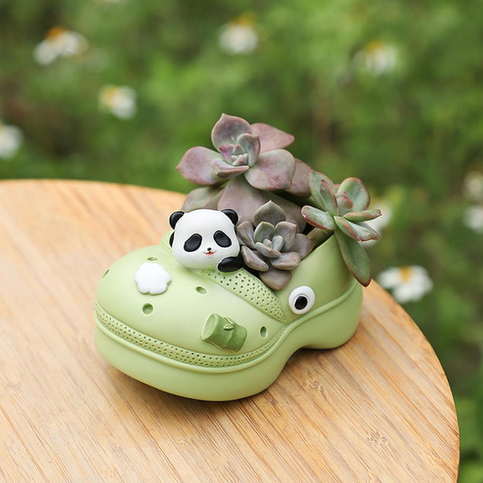 ONEIN Cartoon Panda Flower Pot – Novelty Mini Shoe-Shaped Planter, Succulent Planter with Drainage, Cute Indoor & Outdoor Plant Decor for Windowsill, Balcony, Home, Garden, and Office, Green
