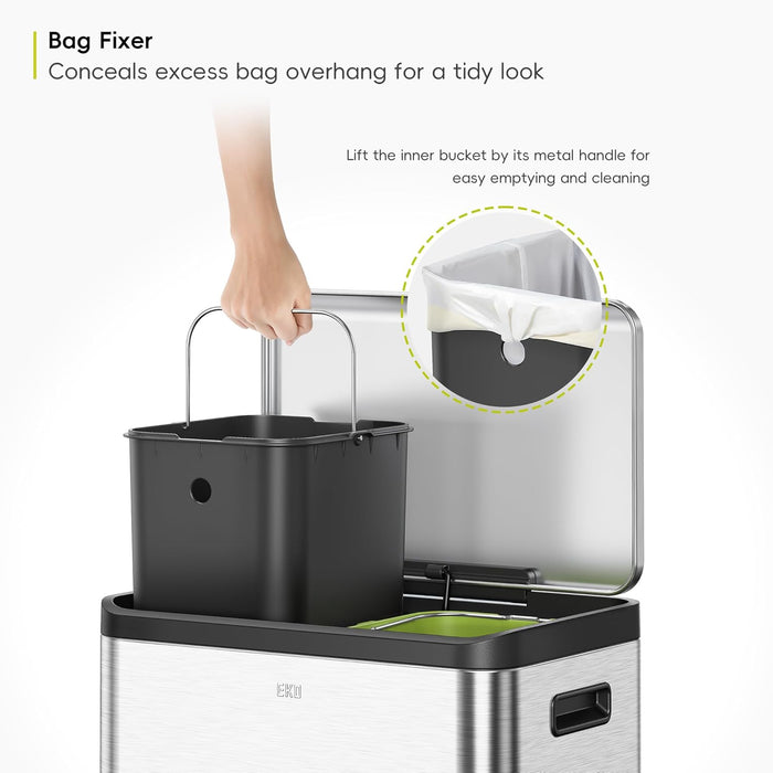 EKO Ecocasa Recycling Kitchen Bin 15+15Litre, Pedal Rubbish Bin with Two Removable Inner Buckets, Perfect for Kitchen & Home, Stainless Steel