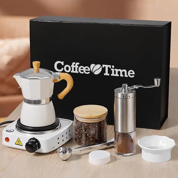 Moka Pot Set – 7-Piece  Stovetop Coffee Maker Percolator Pot Stovetop Espresso Maker with Electric Stove, Manual Coffee Grinder, Coffee Distributor, Measuring Spoon, Storage Jar & Filter Papers – Complete Coffee Gift Set for Home & Travel