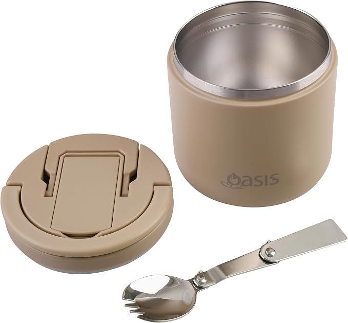 S/S D/WALL INS. FOOD FLASK W/QUICK RELEASE LID & SPORK 500ML LATTE