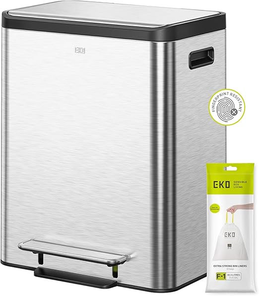 EKO Ecocasa Recycling Kitchen Bin 15+15Litre, Pedal Rubbish Bin with Two Removable Inner Buckets, Perfect for Kitchen & Home, Stainless Steel