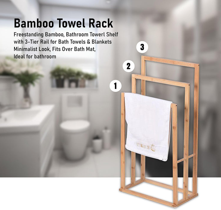Bamboo 3-Tier Freestanding Towel Rack Stand for Bathroom, Laundry Room – Space-Saving Wooden Towel Holder for Bath Towels, Hand Towels & Blankets – Stable, Easy Assembly