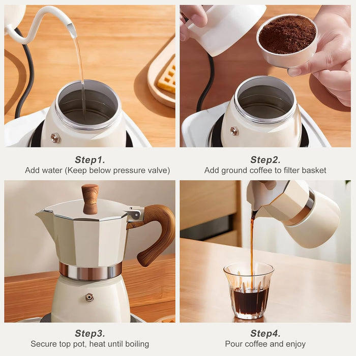 Moka Pot Set – 7-Piece  Stovetop Coffee Maker Percolator Pot Stovetop Espresso Maker with Electric Stove, Manual Coffee Grinder, Coffee Distributor, Measuring Spoon, Storage Jar & Filter Papers – Complete Coffee Gift Set for Home & Travel