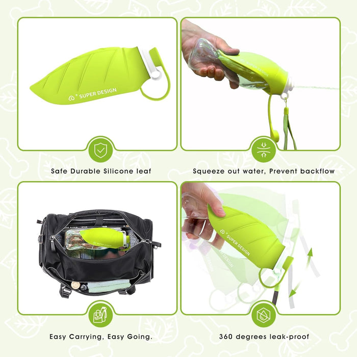 Dog Water Bottle for Walking Portable Dog Travel Bottle, Leak-Proof Travel Water Feeder with Large Flip Silicone Leaf Shape, Ideal for Walking, Hiking, and Outdoor (Green, Standard)