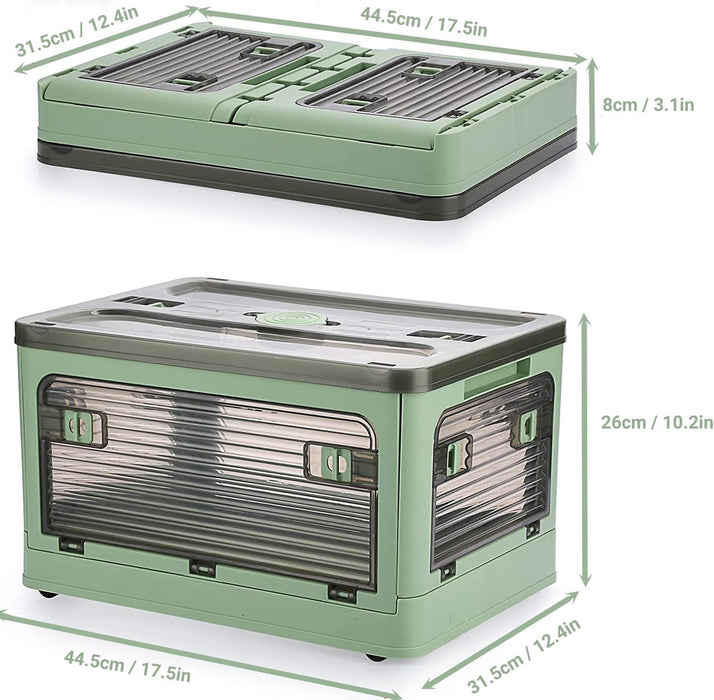 Folding Storage Bins, 28 Liters, 2 Pcs Green Plastic Storage Containers with Wheels, Four Doors, Foldable, Stackable, Plastic Box with Lids for Organization, Storage Cart