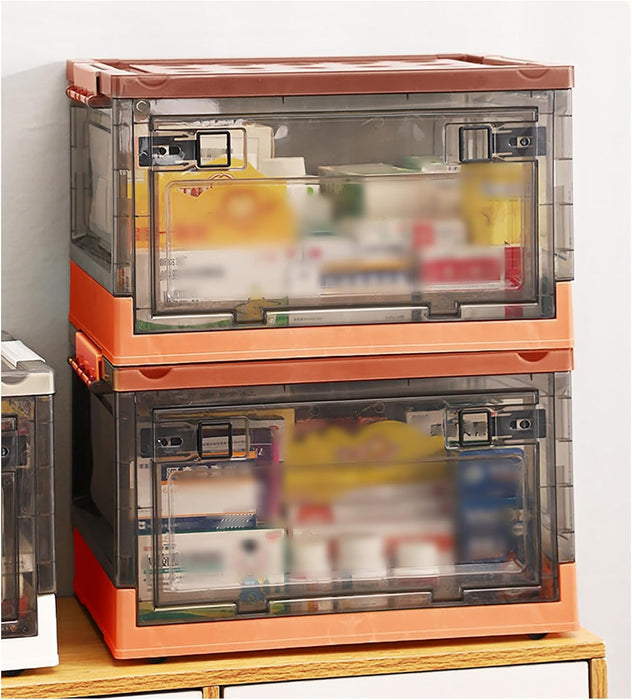 Folding Storage Bins, 28 Liters, 2 Pcs Green Plastic Storage Containers with Wheels, Four Doors, Foldable, Stackable, Plastic Box with Lids for Organization, Storage Cart