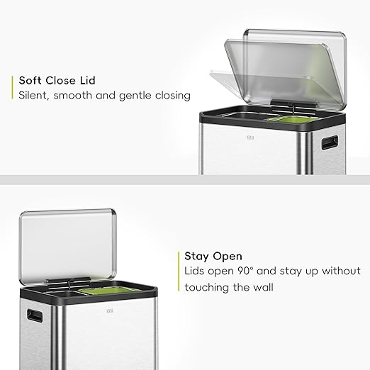 EKO Ecocasa Recycling Kitchen Bin 15+15Litre, Pedal Rubbish Bin with Two Removable Inner Buckets, Perfect for Kitchen & Home, Stainless Steel