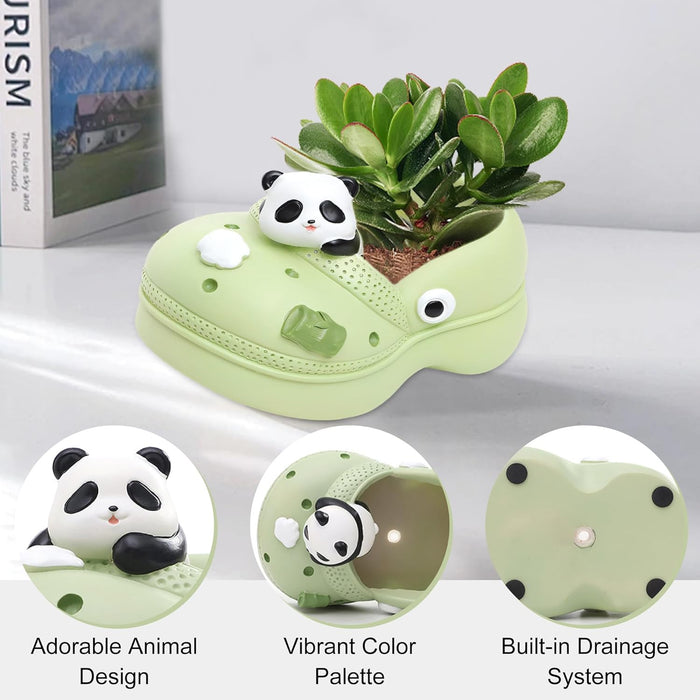 ONEIN Cartoon Panda Flower Pot – Novelty Mini Shoe-Shaped Planter, Succulent Planter with Drainage, Cute Indoor & Outdoor Plant Decor for Windowsill, Balcony, Home, Garden, and Office, Green