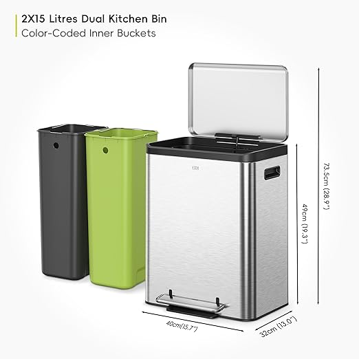 EKO Ecocasa Recycling Kitchen Bin 15+15Litre, Pedal Rubbish Bin with Two Removable Inner Buckets, Perfect for Kitchen & Home, Stainless Steel