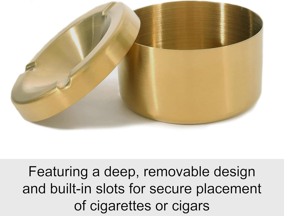 ONEIN Stainless Steel Windproof Ashtray with Removable Lid – Deep Smokeless Ash Tray for Indoor & Outdoor Use – Easy to Clean, Durable, Modern Design for Cigarettes & Cigars (Gold)