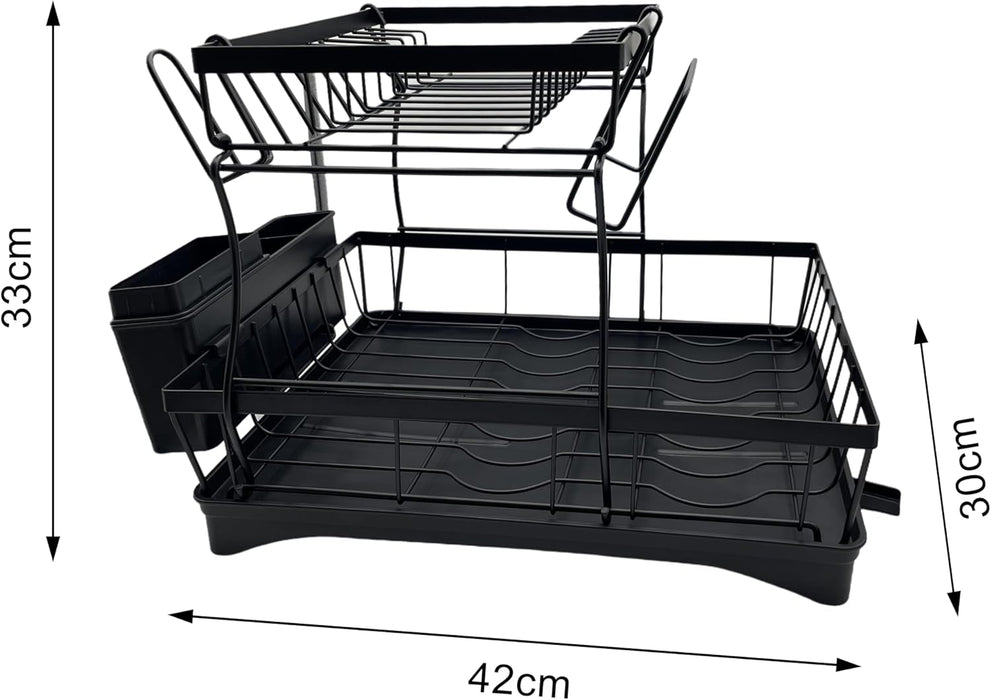 ONEIN 2-Tier Dish Drying Rack – Heavy-Duty Dish Drainer with 360° Rotating Drainage System, Space-Saving Kitchen Storage & Organization, Black