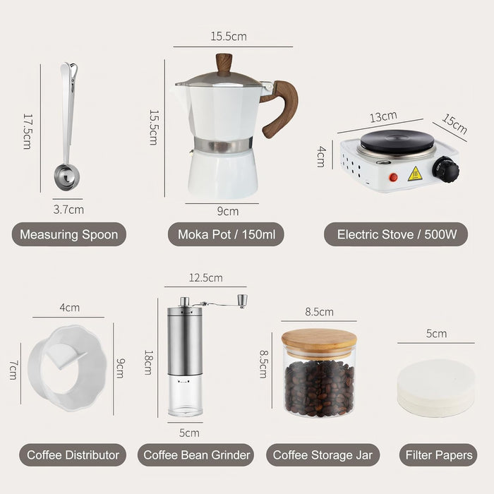 Moka Pot Set – 7-Piece  Stovetop Coffee Maker Percolator Pot Stovetop Espresso Maker with Electric Stove, Manual Coffee Grinder, Coffee Distributor, Measuring Spoon, Storage Jar & Filter Papers – Complete Coffee Gift Set for Home & Travel