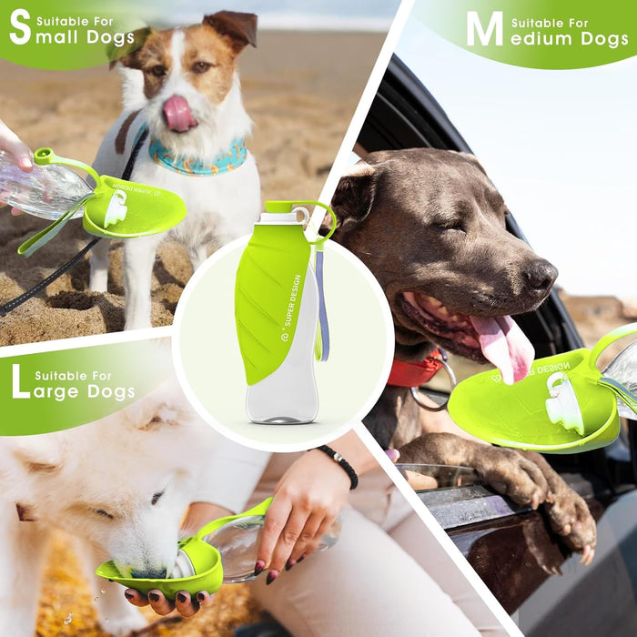 Dog Water Bottle for Walking Portable Dog Travel Bottle, Leak-Proof Travel Water Feeder with Large Flip Silicone Leaf Shape, Ideal for Walking, Hiking, and Outdoor (Green, Standard)