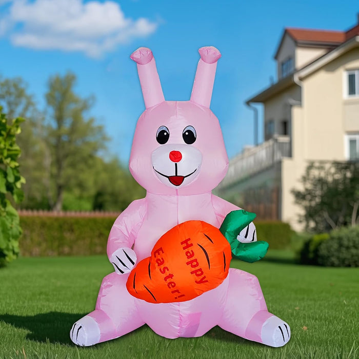 ONEIN 125CM Easter Bunny Inflatables Outdoor Decorations with Built-in LED Light, Blow Up Sitting Rabbit Holds a Carrot for Yard Garden Lawn Decor