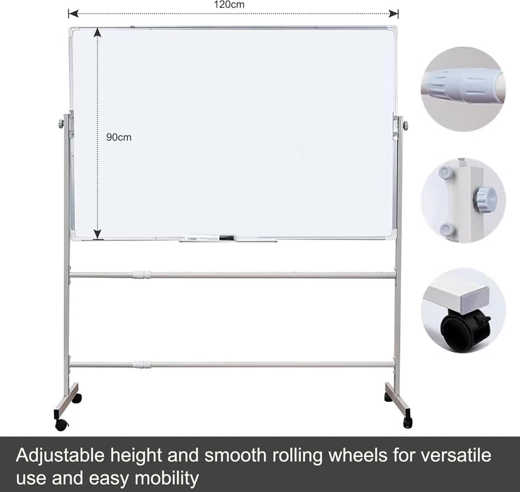 Large Double-Sided Magnetic Whiteboard with Stand - 360° Rotating, Dry Erase White Board Easy Write, Height Adjustable, Mobile on Wheels for Classroom, Office White Board (90cm * 60cm)