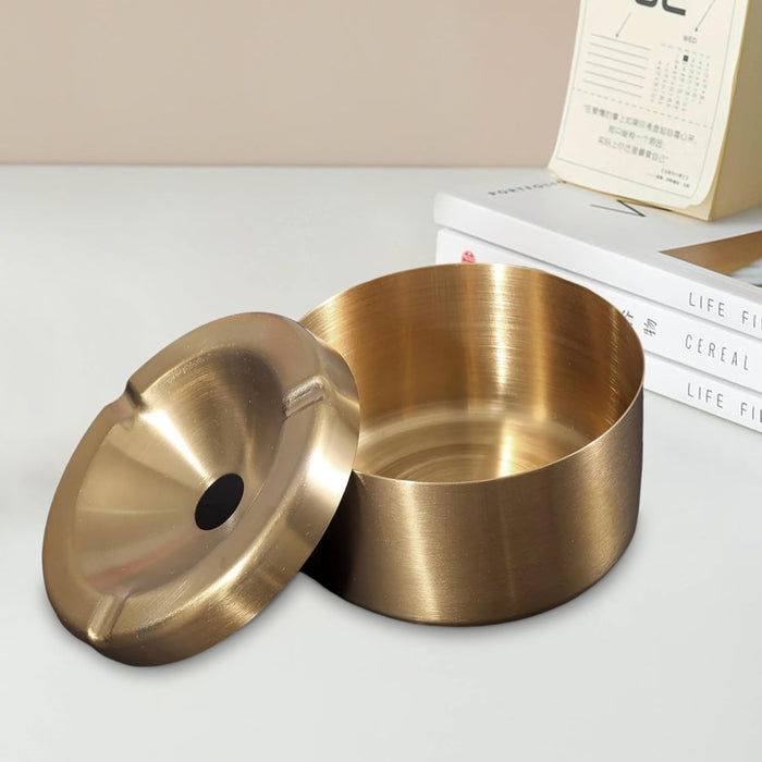 ONEIN Stainless Steel Windproof Ashtray with Removable Lid – Deep Smokeless Ash Tray for Indoor & Outdoor Use – Easy to Clean, Durable, Modern Design for Cigarettes & Cigars (Gold)
