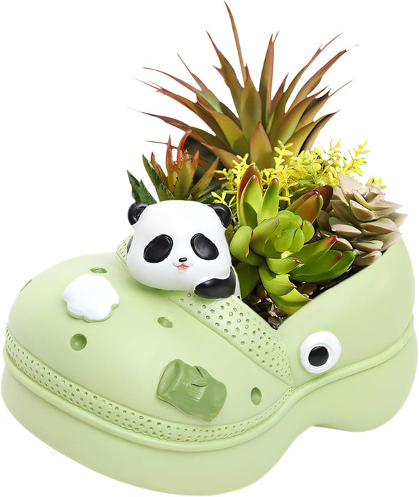 ONEIN Cartoon Panda Flower Pot – Novelty Mini Shoe-Shaped Planter, Succulent Planter with Drainage, Cute Indoor & Outdoor Plant Decor for Windowsill, Balcony, Home, Garden, and Office, Green