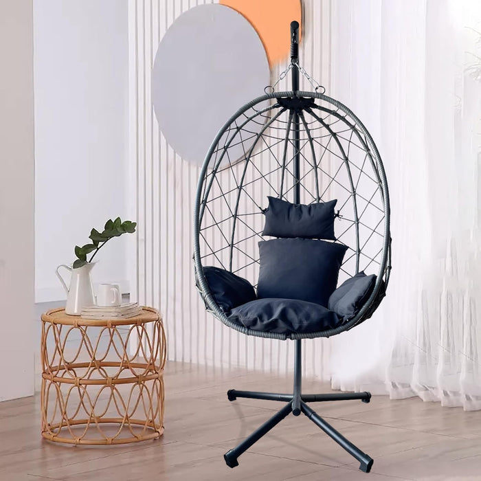 ONEIN Hanging Egg Chair with Stand for Indoor Outdoor, Imitation Wicker Swing Hammock with Thicken Comfy Cushion for Patio Porch Balcony, Rocking Egg Chair for Bedroom