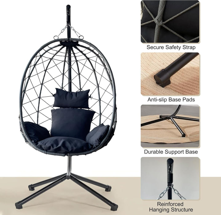 ONEIN Hanging Egg Chair with Stand for Indoor Outdoor, Imitation Wicker Swing Hammock with Thicken Comfy Cushion for Patio Porch Balcony, Rocking Egg Chair for Bedroom