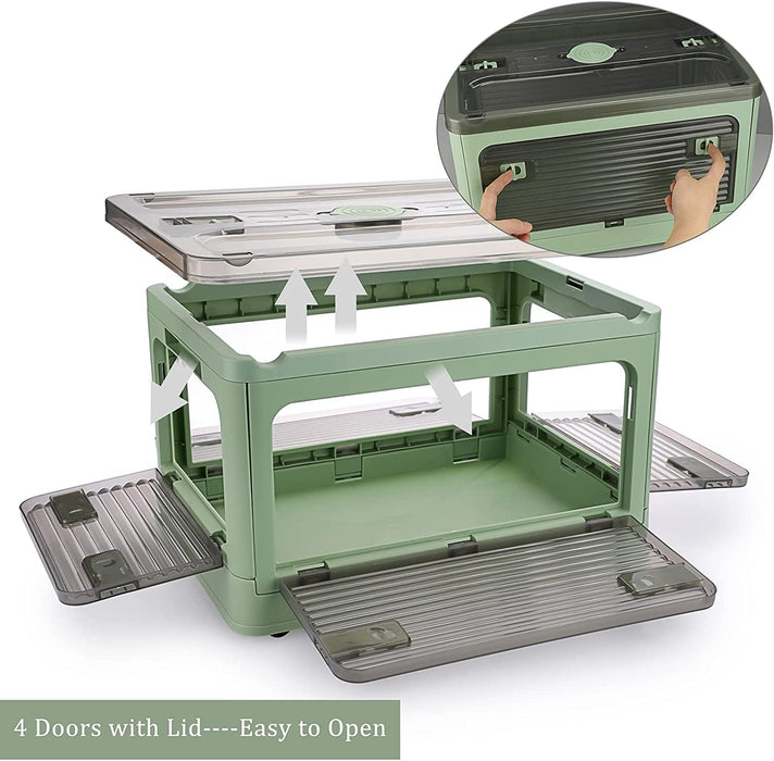 Folding Storage Bins, 28 Liters, 2 Pcs Green Plastic Storage Containers with Wheels, Four Doors, Foldable, Stackable, Plastic Box with Lids for Organization, Storage Cart