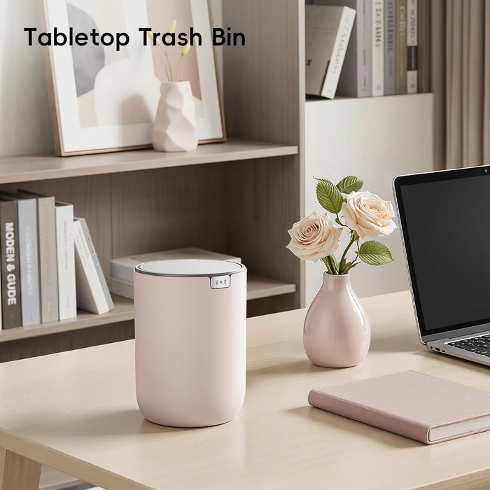 EKO 1.5L Mini Desk Bin with Swing-Top Lid,Small Round Tabletop Rubbish Bin and Storage Pot for Stationery, Makeup and Small Waste, Desktop Bin for Office, Home or Car (Pink)