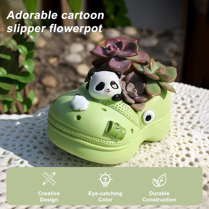 ONEIN Cartoon Panda Flower Pot – Novelty Mini Shoe-Shaped Planter, Succulent Planter with Drainage, Cute Indoor & Outdoor Plant Decor for Windowsill, Balcony, Home, Garden, and Office, Green