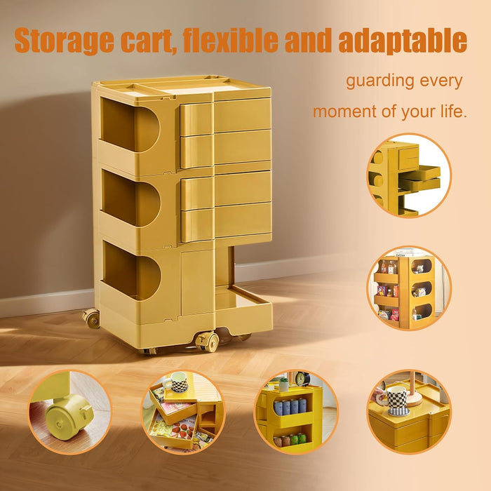 SBS Bobby Wagon 4-Tier Storage Cart with Drawers Wagon and Swivel base – Versatile Rolling Organizer for Home, Office, and organising – Durable, Mobile, and Stylish – Mustard Yellow