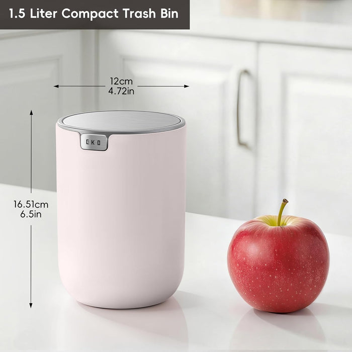 EKO 1.5L Mini Desk Bin with Swing-Top Lid,Small Round Tabletop Rubbish Bin and Storage Pot for Stationery, Makeup and Small Waste, Desktop Bin for Office, Home or Car (Pink)