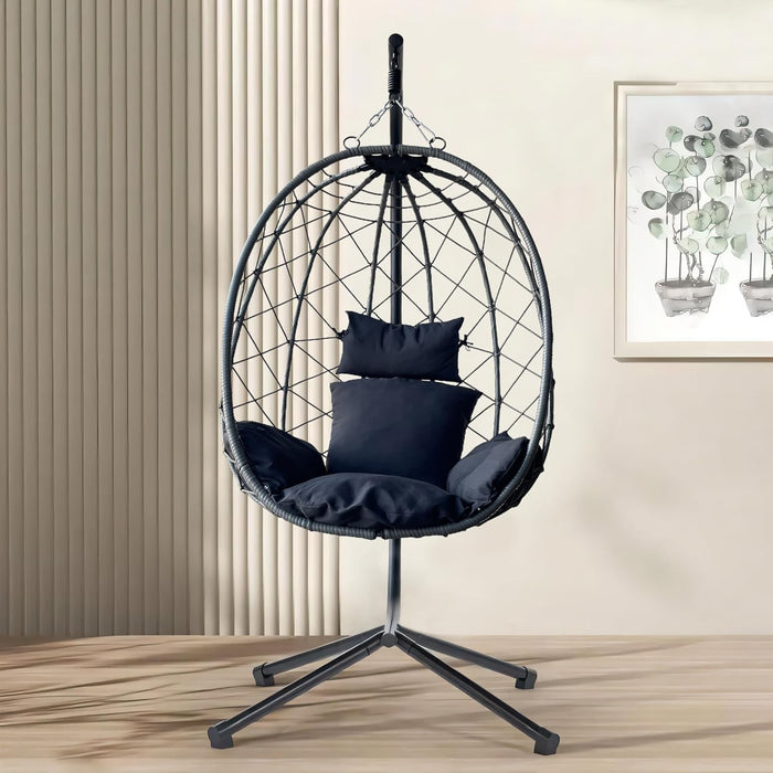 ONEIN Hanging Egg Chair with Stand for Indoor Outdoor, Imitation Wicker Swing Hammock with Thicken Comfy Cushion for Patio Porch Balcony, Rocking Egg Chair for Bedroom