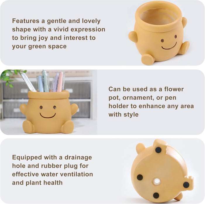 ONEIN Smily Face Plant Pot Indoor Outdoor, Cute 4 Inch Succulent Planter for Home Garden Decoration, Small Resin Flower Pot with Drainage Hole - Perfect Gifts for Plant Lovers