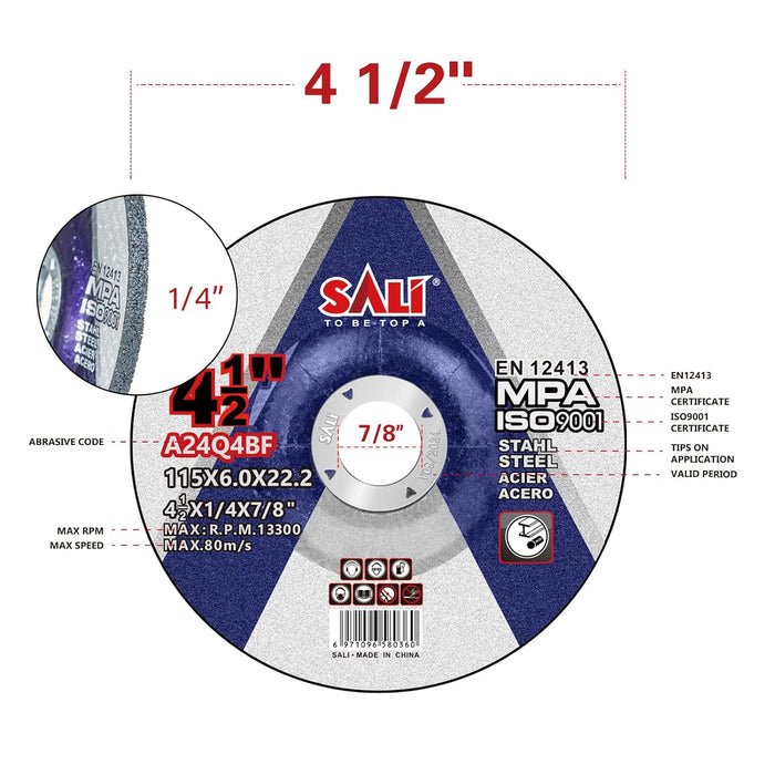 SALI Pack of 25 Grinding Wheels 115mm General Purpose Metal and Stainless Steel, Aluminum Oxide Disc for Angle Grinder, Sunken Center 4.5" * 1/4" * 7/8" (115 * 6.0 * 22.2 )