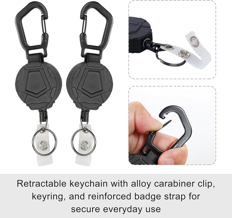 ONEIN Retractable Keychain with Carabiner Clip, Heavy-Duty Badge Reel with Steel Wire Rope, Reinforced ID Holder for Work, Outdoor, and Everyday Use – Pack of 2