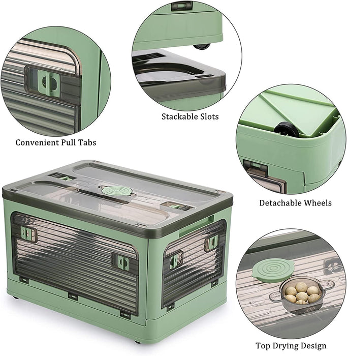 Folding Storage Bins, 28 Liters, 2 Pcs Green Plastic Storage Containers with Wheels, Four Doors, Foldable, Stackable, Plastic Box with Lids for Organization, Storage Cart