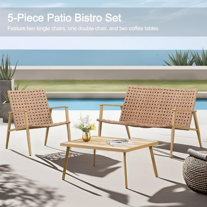 ONEIN Outdoor Table and Chairs, 5-Piece Patio Furniture Set, Wicker Bistro Set with Coffee Side Table & Woven Sofa Chair for Garden Balcony Poolside Backyard, Comfortable & Stylish