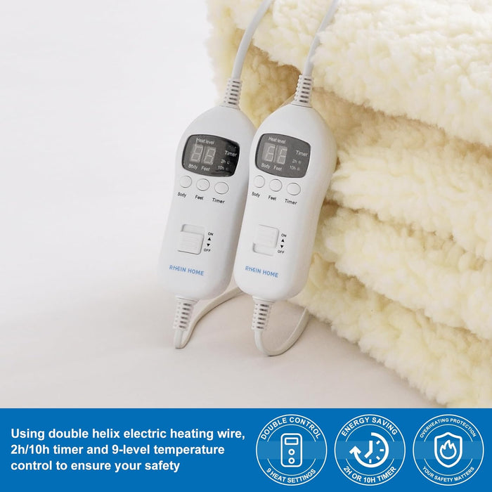 RHEIN HOME Fleece Top Multizone Electric Blanket Queen Size | Dual Control Fitted Heated Underblanket with Timer | Electric Fleece Top Bed Warmer with Gift Bag(203×152cm)